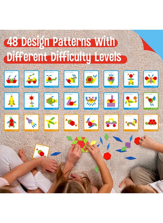 SpriteGru 155 Pcs Wooden Pattern Blocks Set, 24 Double Sided Design Cards(48 Patterns) Geometric Shape Puzzle Fun Tangram Montessori Learning Toys For Kids Ages 4 8 (A Storage Bag & A Gift Box)  - Image 3