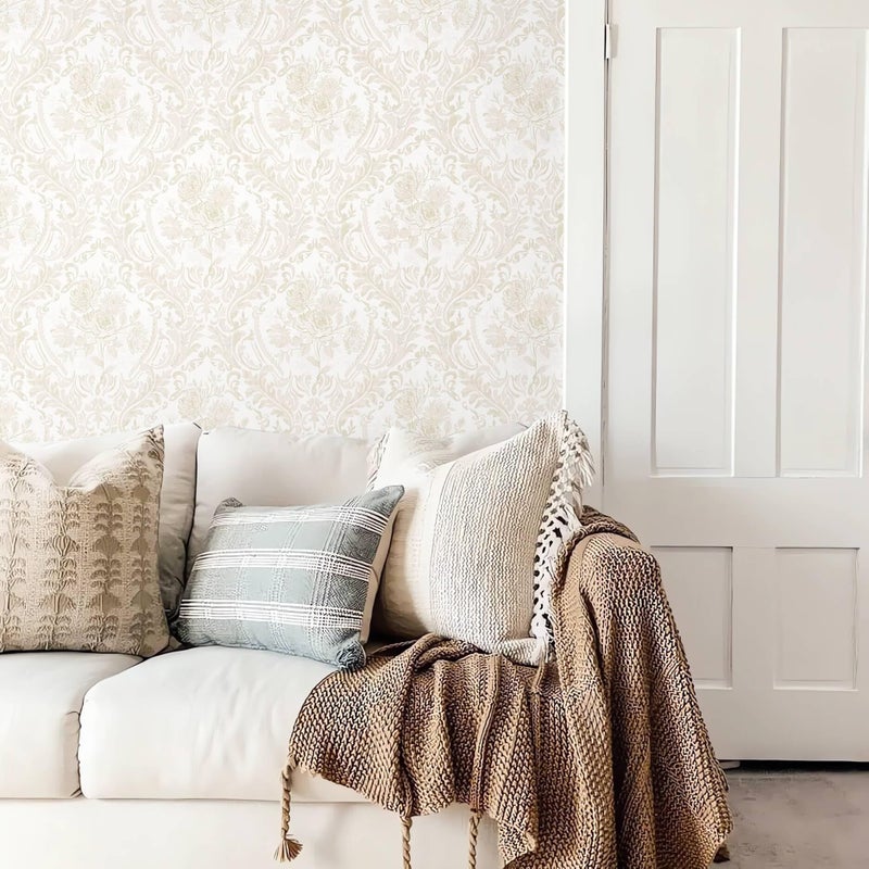 Ismoon Floral Peel and Stick Wallpaper Vintage Beige Contact Paper Boho Watercolor Damask Wall Paper Textured Removable Self Adhesive Vinyl Wallpaper for Cabinet Bedroom Wall Decor, 17.3 in X 6.5 ft - Image 2