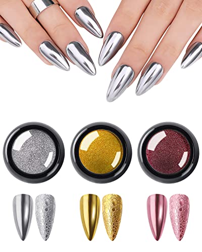 Fokostar 3 Colors Chrome Nail Powder Set Reflective Glitter Metallic Mirror Effect for Nails Art Design 3D Holographic Silver Rose Gold Pigment Flash Light Crome Paillette Dust with 3 Tools - Image 1