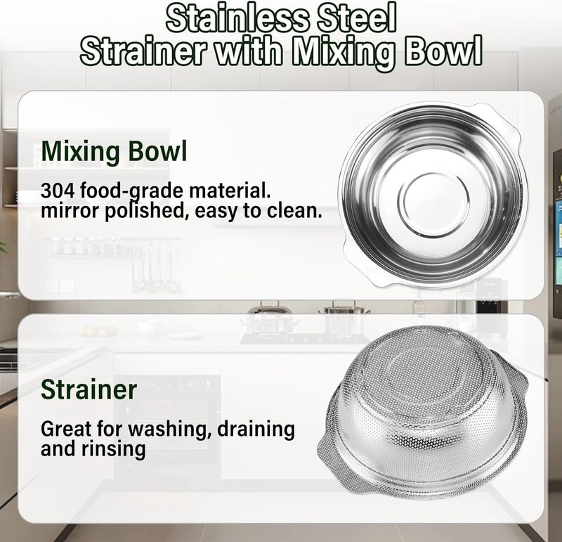 POPGRADE Stainless Steel Colander, 4.5QT Large Capacity with Mixing Bowl, Rice Washing Bowl with Strainer for Washing Vegetables, Fruit, Spaghetti, Pasta Strainer, Dishwasher Safe(2PC) - Image 3