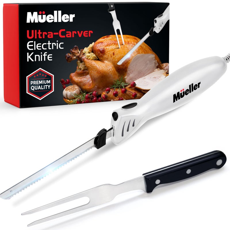 Mueller Ultra-Carver Electric Knife for Carving Meats, Poultry, Bread, Crafting Foam. Stainless Steel Blades, Powerful Motor, Ergonomic Handle, One-Touch On/Off Button, Serving Fork Included, White - Image 1