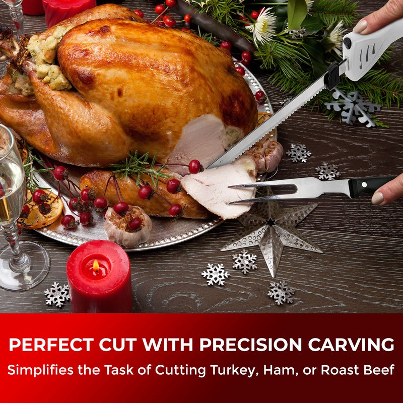 Mueller Ultra-Carver Electric Knife for Carving Meats, Poultry, Bread, Crafting Foam. Stainless Steel Blades, Powerful Motor, Ergonomic Handle, One-Touch On/Off Button, Serving Fork Included, White - Image 2