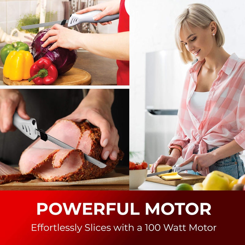 Mueller Ultra-Carver Electric Knife for Carving Meats, Poultry, Bread, Crafting Foam. Stainless Steel Blades, Powerful Motor, Ergonomic Handle, One-Touch On/Off Button, Serving Fork Included, White - Image 5