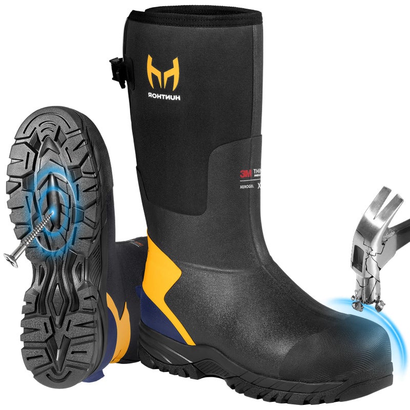 Hunthor Steel Toe Work Boots for Men 0Â°Fâ€“20Â°F Cold Weather with Xerogel Thermal Lining, Waterproof Rubber Boots Lightweight Insulated for Farming, Construction, Gardening, Fishing, Outdoor Work Black Size 6 - Image 1