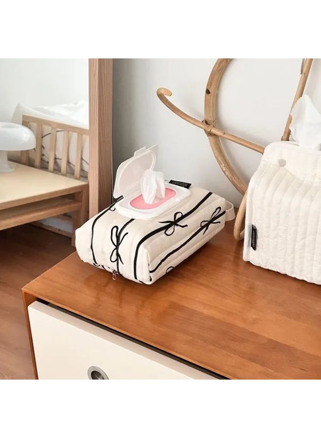 White Quilted Wet Wipe Dispenser Hanging Bag with Bow Zebra Pattern Stroller Accessory - Image 4