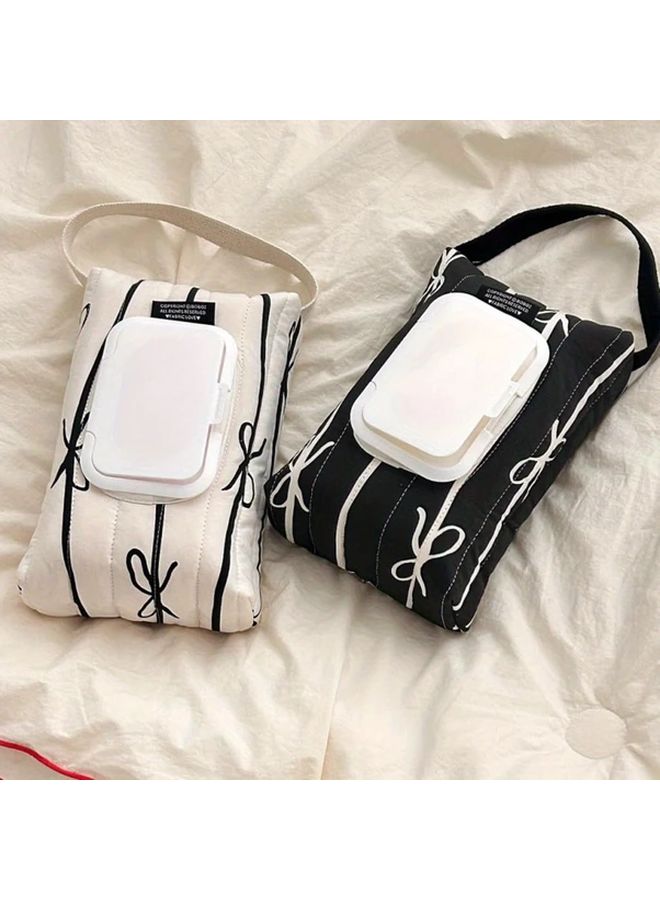White Quilted Wet Wipe Dispenser Hanging Bag with Bow Zebra Pattern Stroller Accessory - Image 1