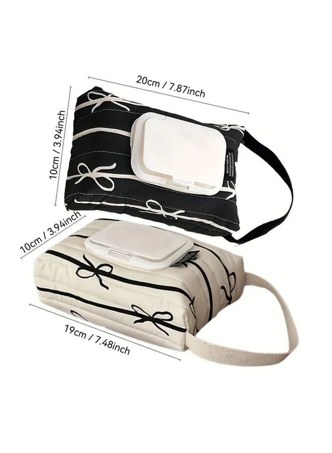 White Quilted Wet Wipe Dispenser Hanging Bag with Bow Zebra Pattern Stroller Accessory - Image 3
