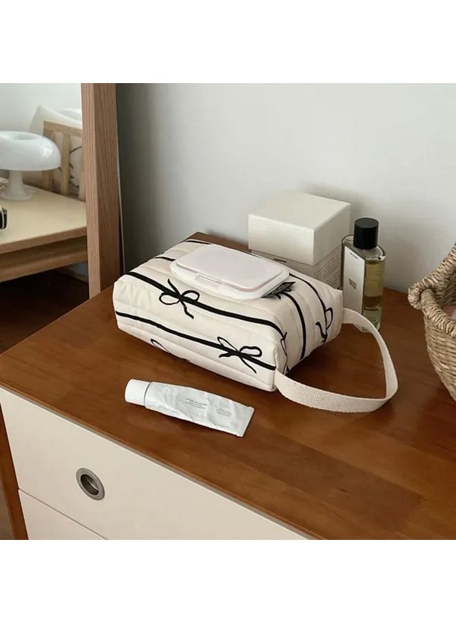 White Quilted Wet Wipe Dispenser Hanging Bag with Bow Zebra Pattern Stroller Accessory - Image 2