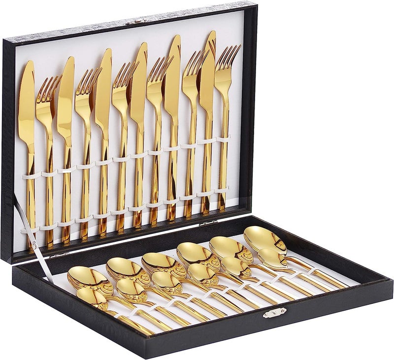 Velaze 24Piece Gold Silverware Set Cutlery Set Stainless Steel Cutlery Set for 6 People Include Dinner Spoon Dinner Fork Dinner Knife and Tea Spoon with Gifts Box