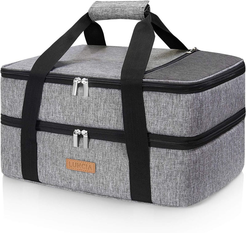 LUNCIA Double Decker Insulated Casserole Carrier for Hot or Cold Food Lasagna Holder Tote for Potluck PartiesPicnicCookouts Fits 9x13 Baking Dish Grey