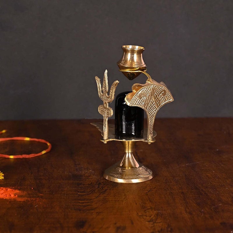 Denique Brass Lord Shiva Linga Lingam Shivling Statue Shesnag Trishul with Brass Matki for Hindu Festive Pooja Puja Sculpture Items Shivling Showpiece - Image 3