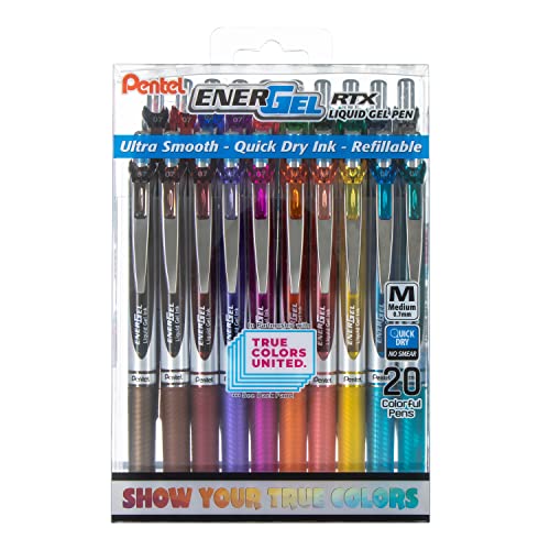 Pentel EnerGel RTX True Colors United (0.7mm) Medium Line, Assorted Ink, 20 Pack Box (BL77PC20MTCU) - Image 1
