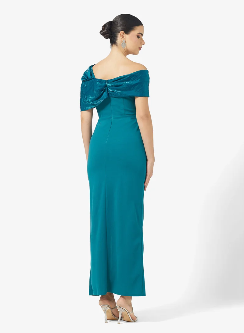 Namshi x Assymetric Shoulder Column Dress with Floral Embellishment