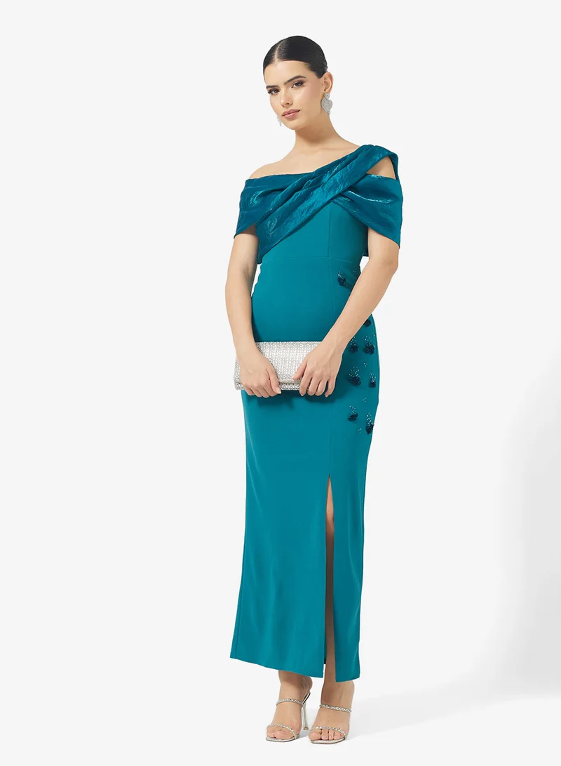 Namshi x Assymetric Shoulder Column Dress with Floral Embellishment