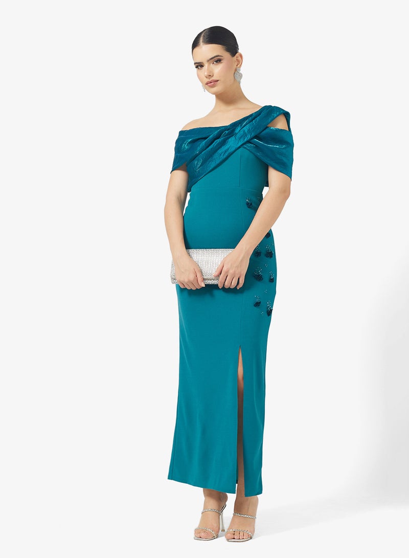 نمشي x فستان عمود بكتف غير متماثل مزين بالزهور - Image 1