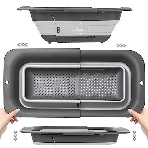 ROTTOGOON Collapsible Colander Strainer, Expandable Over the Sink Colander for Kitchen, Adjustable Silicone Sink Strainer, Foldable Large Colanders Basket to Wash Vegetable, Fruit, 15" to 19.8", Gray - Image 1