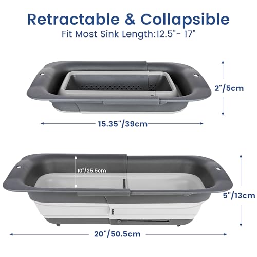 ROTTOGOON Collapsible Colander Strainer, Expandable Over the Sink Colander for Kitchen, Adjustable Silicone Sink Strainer, Foldable Large Colanders Basket to Wash Vegetable, Fruit, 15" to 19.8", Gray - Image 2