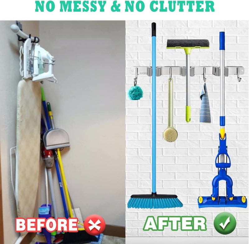 Zeinwap Broom Mop Holder Wall Mount Stainless Steel Wall Mounted Storage Organizer Heavy Duty Tools Hanger with 3 Racks 4 Hooks for Kitchen Bathroom Closet Garage Office Garden-1Pc, Hanging Shelves - Image 5