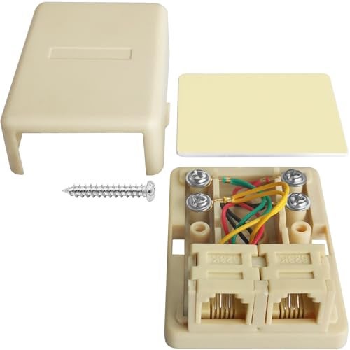 NECABLES Phone Jack Surface Mount Dual Port Telephone Jack Box 4 Screw Terminals to 2 RJ11 6P4C Female Ivory - Image 2