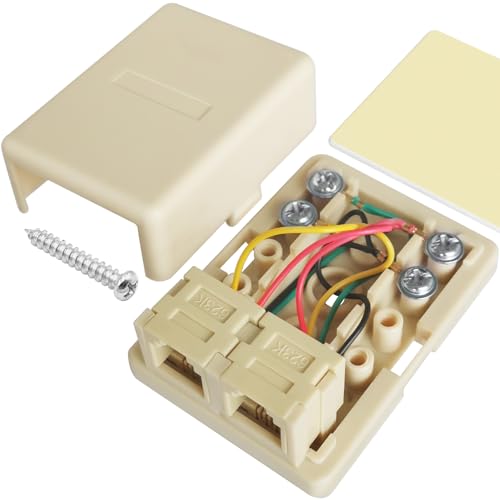 NECABLES Phone Jack Surface Mount Dual Port Telephone Jack Box 4 Screw Terminals to 2 RJ11 6P4C Female Ivory - Image 1