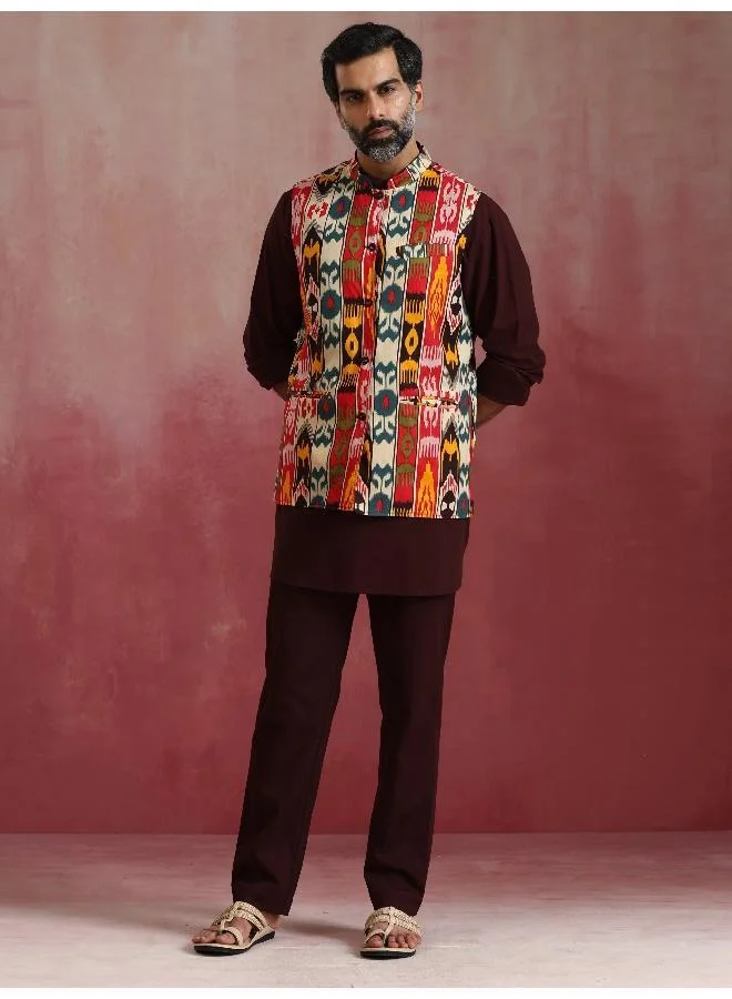 ترو برونز Men's Cola Ikat Print Cotton Reversible Nehru Jacket