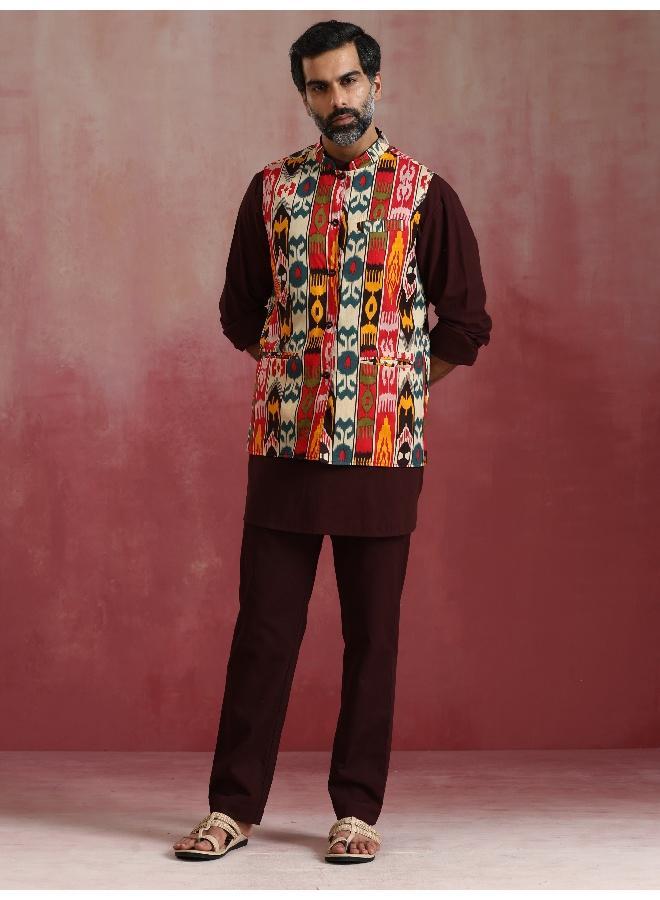 ترو برونز Men's Cola Ikat Print Cotton Reversible Nehru Jacket - Image 2