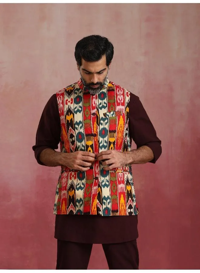 trueBrowns Men's Cola Ikat Print Cotton Reversible Nehru Jacket