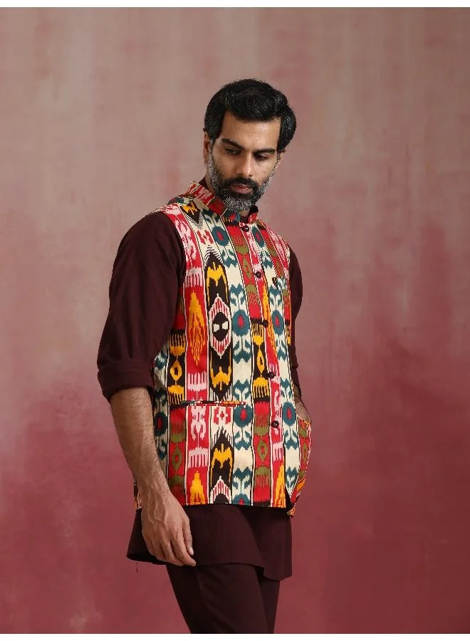 trueBrowns Men's Cola Ikat Print Cotton Reversible Nehru Jacket