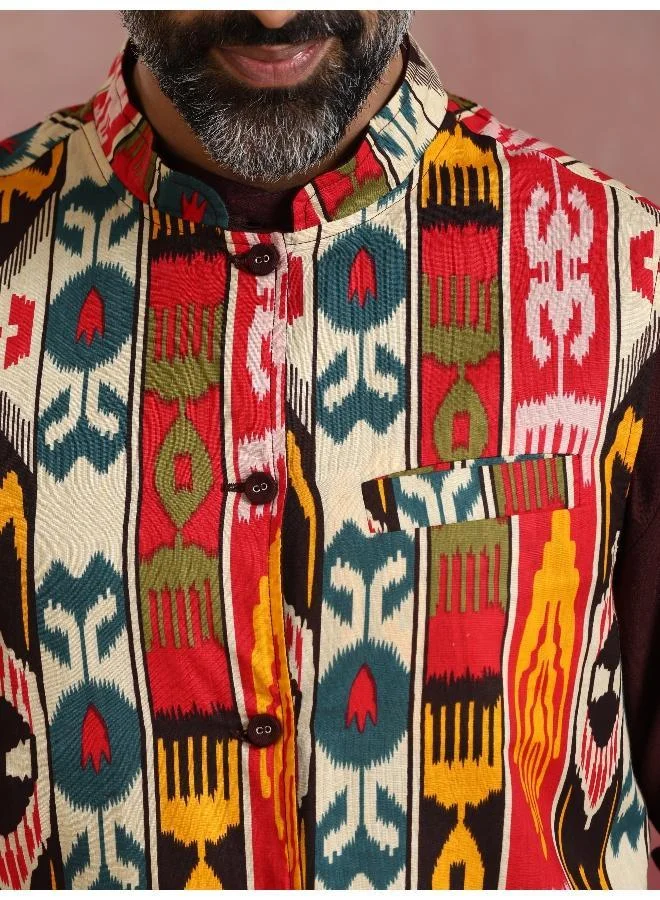 trueBrowns Men's Cola Ikat Print Cotton Reversible Nehru Jacket