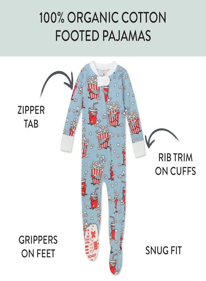 HonestBaby Non-Slip Footed Pajamas One-Piece Sleeper Zip-Front Pjs 100% Organic Cotton for Baby Boys, Cinema Snacks, 24 Months - Image 2