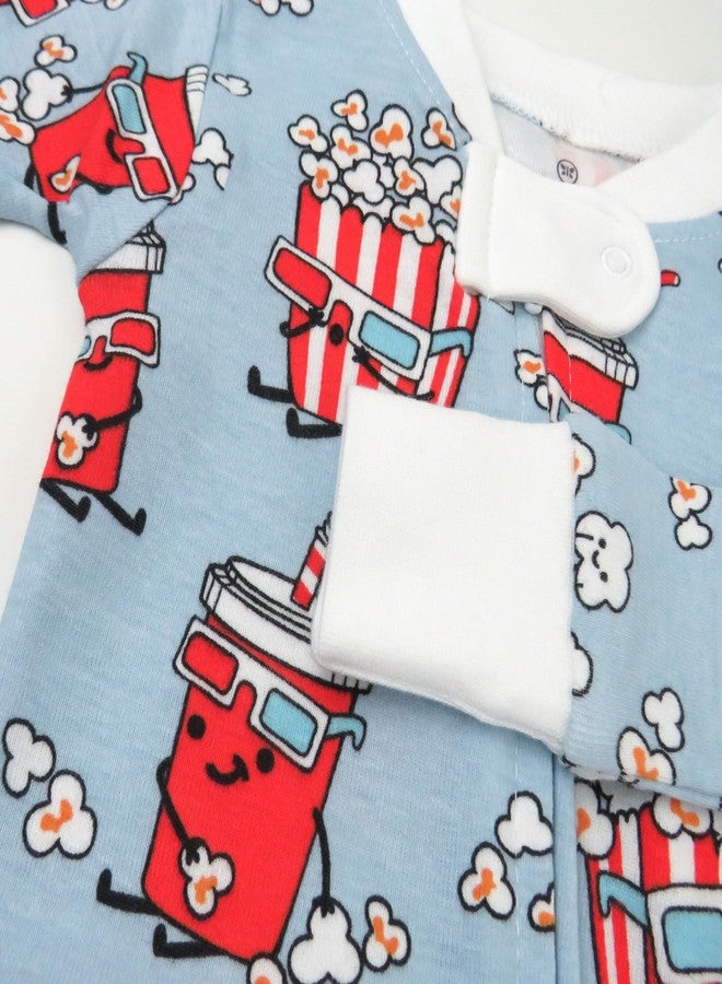 HonestBaby Non-Slip Footed Pajamas One-Piece Sleeper Zip-Front Pjs 100% Organic Cotton for Baby Boys, Cinema Snacks, 24 Months - Image 3