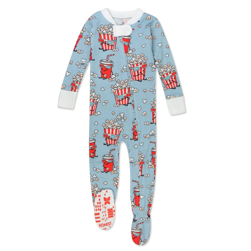 HonestBaby Non-Slip Footed Pajamas One-Piece Sleeper Zip-Front Pjs 100% Organic Cotton for Baby Boys, Cinema Snacks, 24 Months - Image 1