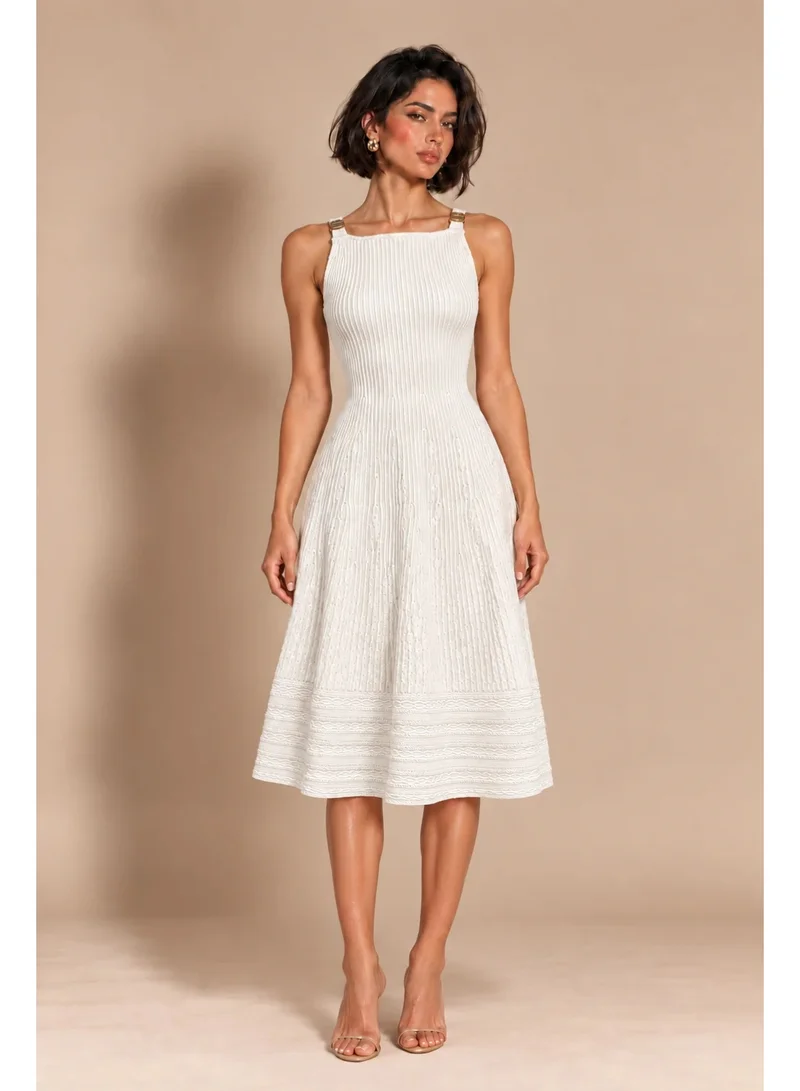 2Trendy Womens White Knit Midi A Line Dress with Square Neck and Gold Tone Strap Details