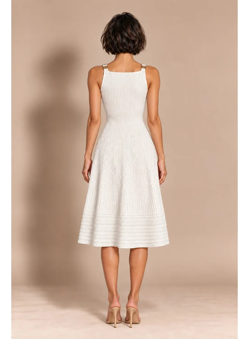 2Trendy Womens White Knit Midi A Line Dress with Square Neck and Gold Tone Strap Details