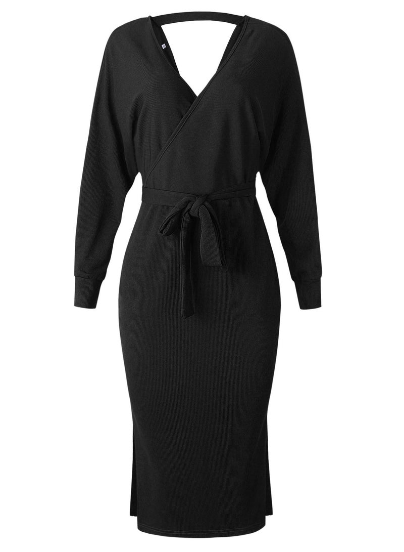 Loquat Fashion V-neck Long Sleeve Dress For Women Black  - Image 1