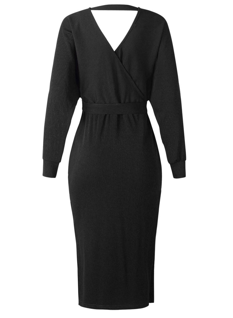 Loquat Fashion V-neck Long Sleeve Dress For Women Black  - Image 2