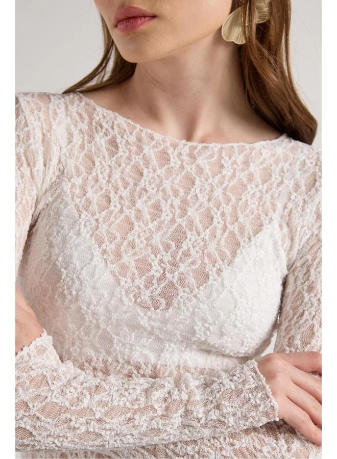 mina aise Women's Ecru Transparent Lace Short Stretch Blouse 30051.