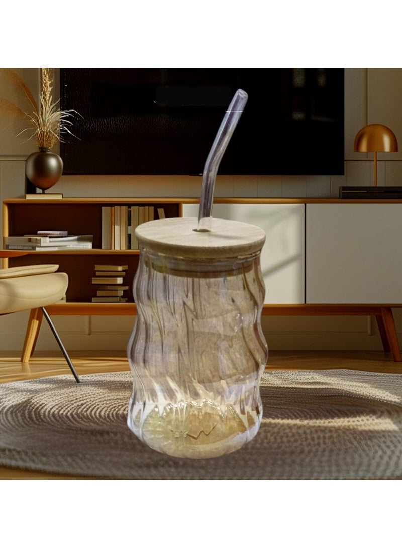 Ribbed Thermal Glass Ice Coffee Mug - with Wooden Lid and Glass Straw - Stylish Heat Resistant Mug for Cold and Hot Drinks Multiple forms