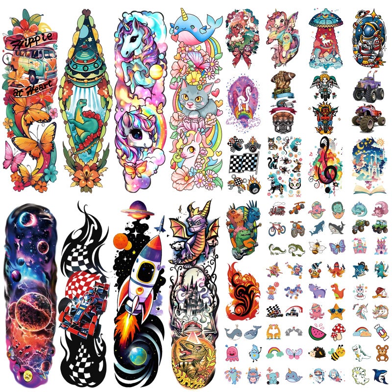 52 PCS Kids Full Arm Temporary Tattoos  Rocket Car Dinosaur Planet Astronaut  Dolphin Castle Cat Body Tattoos Stickers for Boys  Girls Party Supplies Gifts