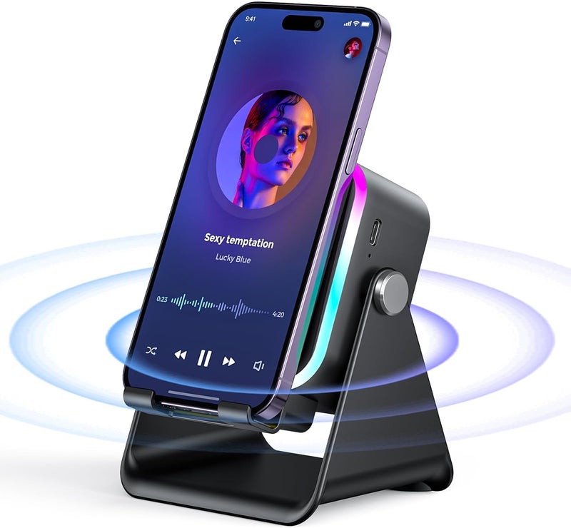 AIKELA Induction Speaker with Phone Stand 5 in 1 Wireless Induction Bluetooth Audio for iPhone Android Phone Speakers Amplifier with Rechargeable Colorful Light, Birthday Gifts for Men Women Teens (Black) - Image 1