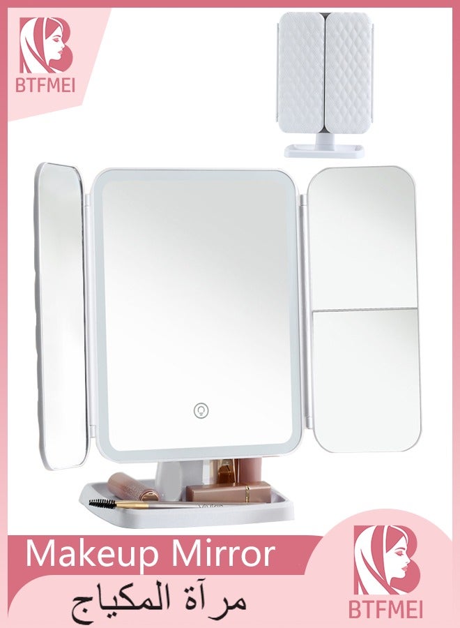 BTFMEI Tri-Fold Makeup Mirror Lights Lighted Makeup Mirror with 2x/3x Magnification,360° Rotation Portable LED Travel Vanity Mirror with 3 Light Modes and Adjustable Brightness Touch Control, Suitable for Novice Makeup Artists or Travel Essentials - Image 1