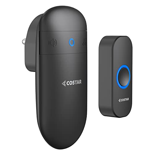COSTAR Wireless Door Bell Kits Chime for Home Office with LED Light 300 Meter 1000 Feet Operating Range 32 Ringtones 5 Levels Volume, 1 Receiver and 1 Push Button IP44 Waterproof (Pebble T301-Black) - Image 1