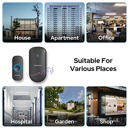 COSTAR Wireless Door Bell Kits Chime for Home Office with LED Light 300 Meter 1000 Feet Operating Range 32 Ringtones 5 Levels Volume, 1 Receiver and 1 Push Button IP44 Waterproof (Pebble T301-Black) - Image 5