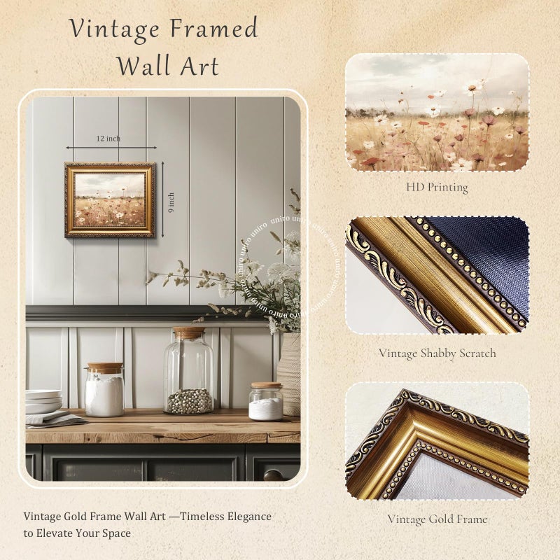 uniro Vintage Gold Framed Wall Art, Vintage Spring Floral Canvas Art Prints Painting, Antique Farmhouse Wall Decor Landscape Flower Meadow Picture, Rustic Wildflower Field Country Artwork for Bedroom, Gallary, Living Room, Office,Bathroom, Desktop Decor - 9x12Inch - Image 2