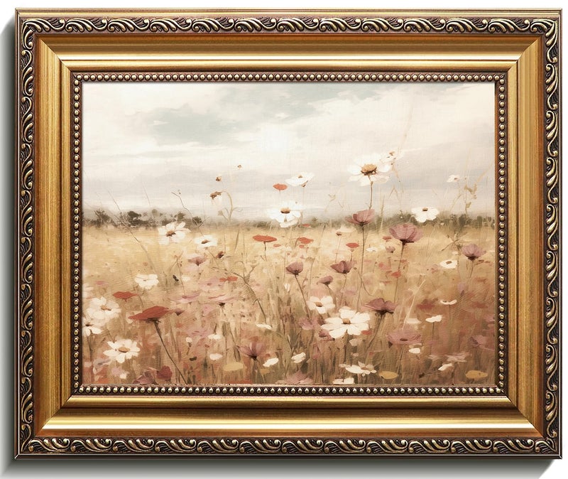 uniro Vintage Gold Framed Wall Art, Vintage Spring Floral Canvas Art Prints Painting, Antique Farmhouse Wall Decor Landscape Flower Meadow Picture, Rustic Wildflower Field Country Artwork for Bedroom, Gallary, Living Room, Office,Bathroom, Desktop Decor - 9x12Inch - Image 1