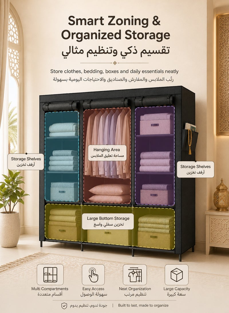 قف خزانة ملابس قابلة للطي بإطار فولاذي قوي بقطر 13 مم، منظم تخزين قماشي مزود بـ3 قضبان لتعليق الملابس وجيبين جانبيين، مناسب للملابس والأحذية والحقائب والألعاب، رمادي - Image 3