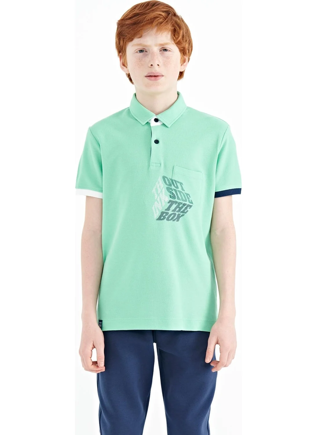 تومي لايف Water Green Front Pocket Detailed Printed Standard Size Polo Collar Boy's T-Shirt - 11102