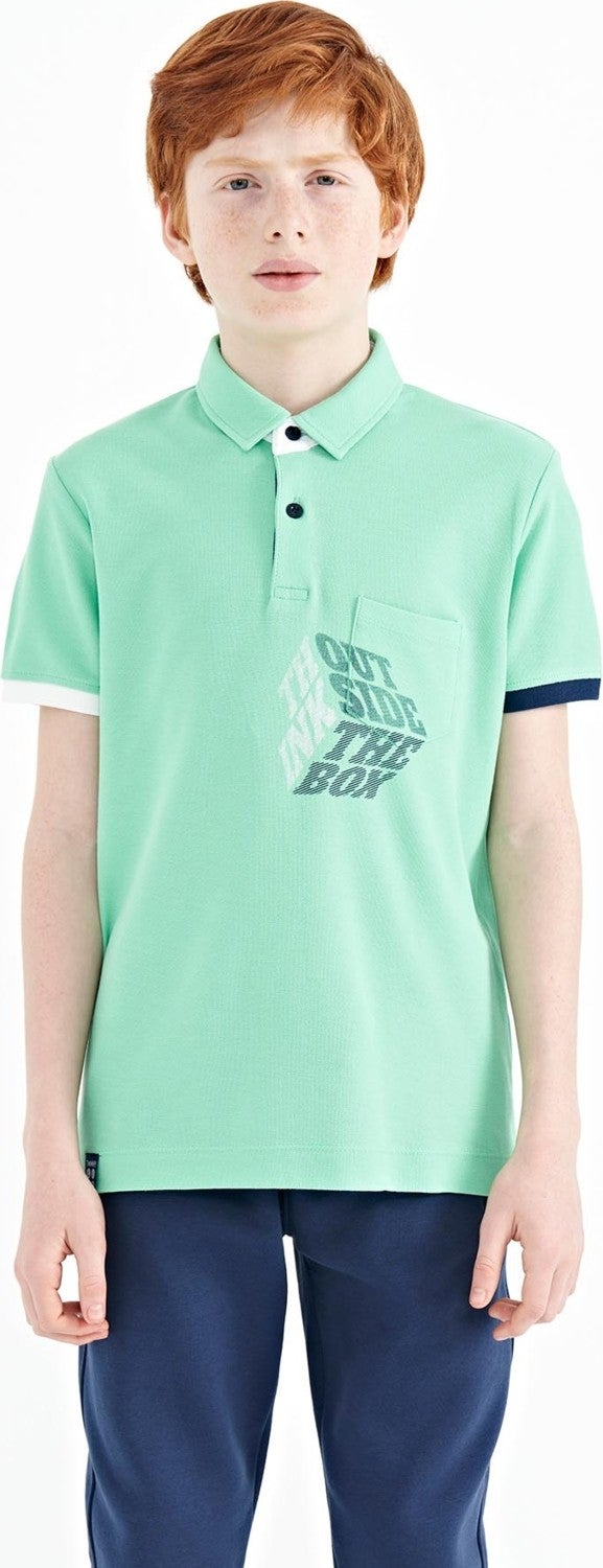 Tommy Life Water Green Front Pocket Detailed Printed Standard Size Polo Collar Boy's T-Shirt - 11102 - Image 1