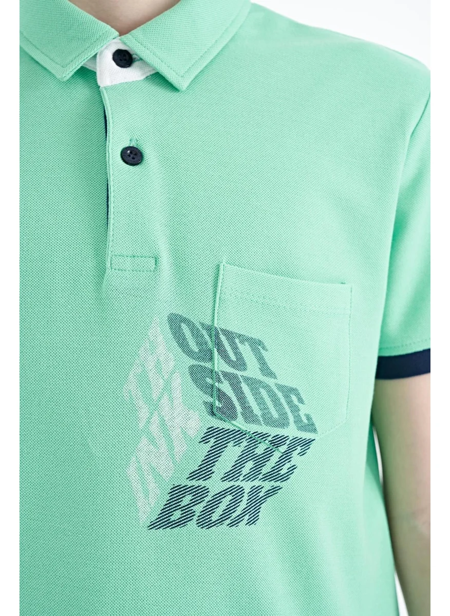 تومي لايف Water Green Front Pocket Detailed Printed Standard Size Polo Collar Boy's T-Shirt - 11102