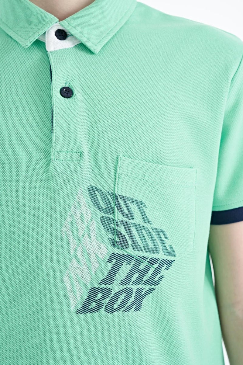 Tommy Life Water Green Front Pocket Detailed Printed Standard Size Polo Collar Boy's T-Shirt - 11102 - Image 2
